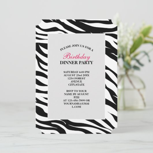 おしゃれな黒と白のゼブラ柄サファリ誕生日パーティー 招待状 (スタンド正面)