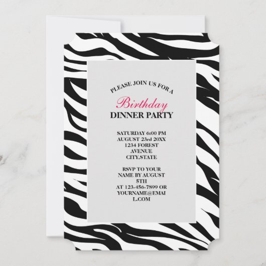 おしゃれな黒と白のゼブラ柄サファリ誕生日パーティー 招待状 (正面)