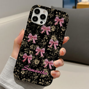 おしゃれな黒と白のトワール ピンクのクールなリボン モノグラム iPhone 16ケース