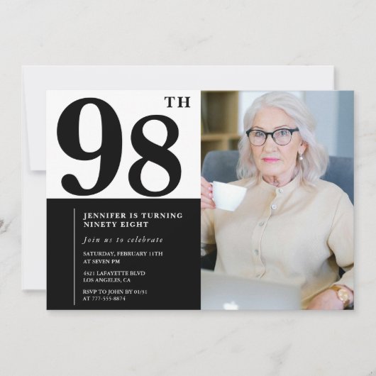 おしゃれな黒と白の写真 98歳の誕生日 招待状 (正面)