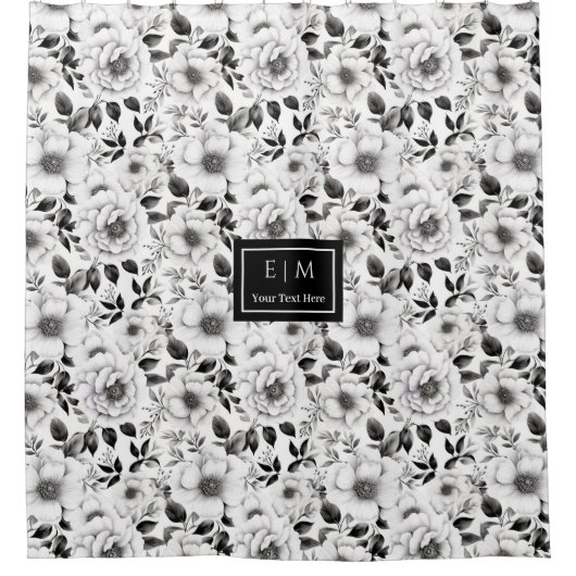 おしゃれな黒と白の花柄のシャワーカーテン　ギフト シャワーカーテン (正面)