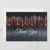 おしゃれな黒と赤のシルバーグリッターの滴 サンキューカード (正面)