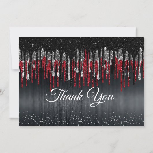 おしゃれな黒と赤のシルバーグリッターの滴 サンキューカード (正面)