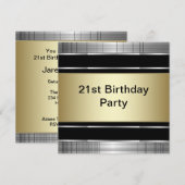 おしゃれな黒と銀と金の21歳の誕生日パーティー 招待状 (正面/裏面)