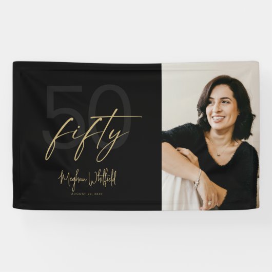おしゃれな黒の写真を使った50歳の誕生日パーティー 横断幕 (横)