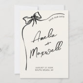 おしゃれな黒の弓の手描きデザインのトレンド感のあるウェディング セーブザデート (正面)