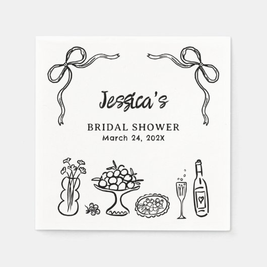 おしゃれな黒の手描き ウェディングシャワーペーパー スタンダードカクテルナプキン (正面)