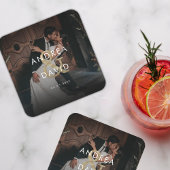 おしゃれな黒の結婚式 フェード写真 & モノグラム スクエアペーパーコースター