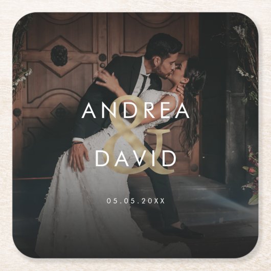 おしゃれな黒の結婚式 フェード写真 & モノグラム スクエアペーパーコースター (正面)