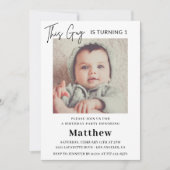 おしゃれな1歳の誕生日招待状 男の子 写真付き 招待状 (正面)