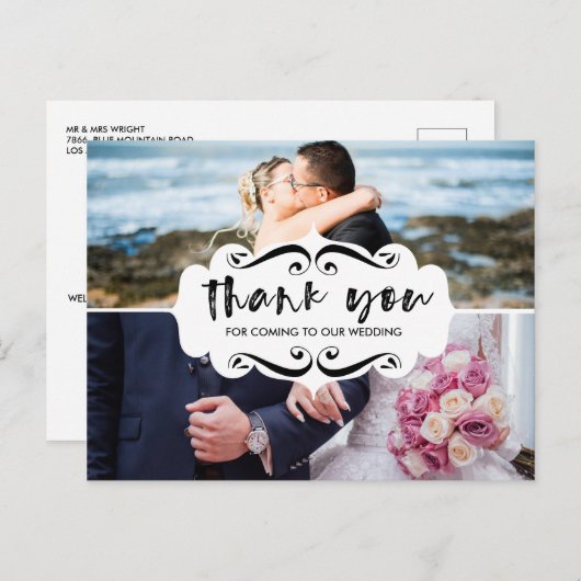 おしゃれな2枚の写真コラージュ ウェディング サンクス カード (正面/裏面)