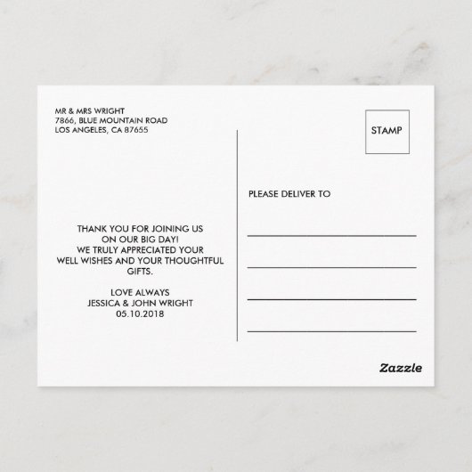 おしゃれな2枚の写真コラージュ ウェディング サンクス カード (裏面)