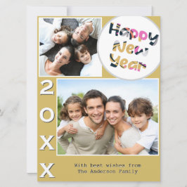 おしゃれな2枚の写真入り黄色の「ハッピーニューイヤー」カード シーズンカード