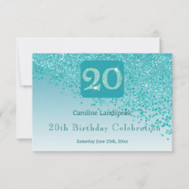 おしゃれな20歳の誕生日 ティールブルーのラメのRSVP 出欠カード