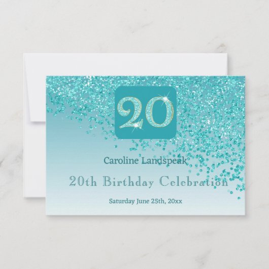おしゃれな20歳の誕生日 ティールブルーのラメのRSVP 出欠カード (正面)