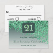 おしゃれな21歳の誕生日グリーンラメRSVP 出欠カード (正面/裏面)