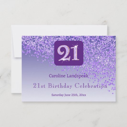 おしゃれな21歳の誕生日パープルラメRSVP 出欠カード (正面)