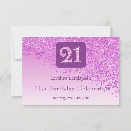 おしゃれな21歳の誕生日ピンクのラメRSVP 出欠カード (正面)