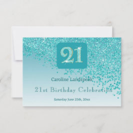 おしゃれな21歳の誕生日 ティールブルーのラメRSVP 出欠カード