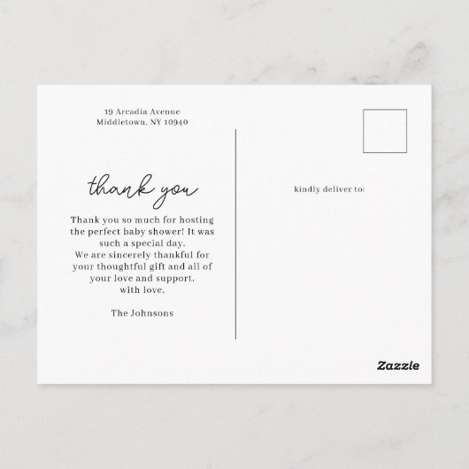 おしゃれな3枚の写真のカード 赤ちゃんのシャワー お礼メッセージ ポストカード (裏面)