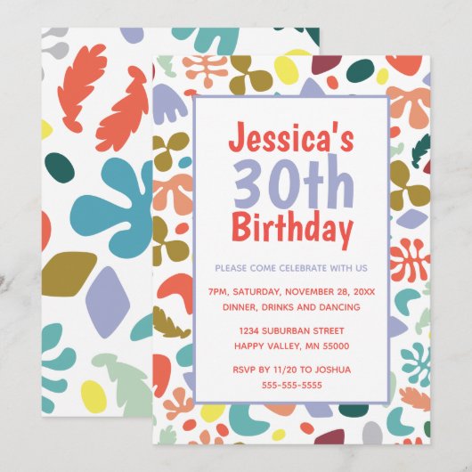 おしゃれな30歳の誕生日カスタム名と詳細 招待状 (正面/裏面)