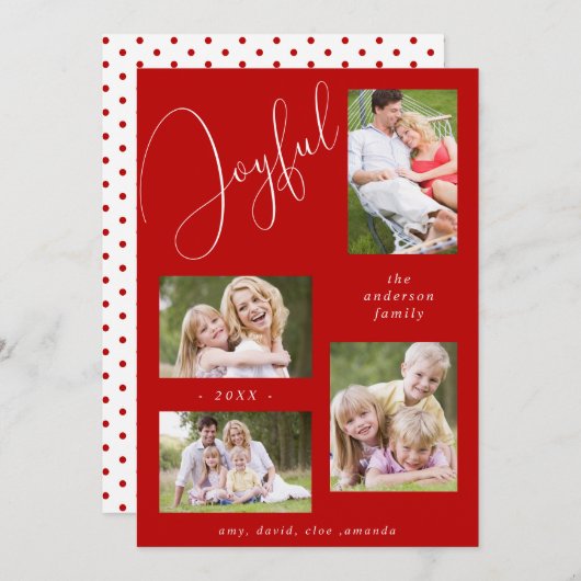 おしゃれな4枚の写真を使ったスクリプトの楽しい赤 シーズンカード (正面/裏面)