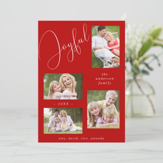 おしゃれな4枚の写真を使ったスクリプトの楽しい赤 シーズンカード (スタンド正面)