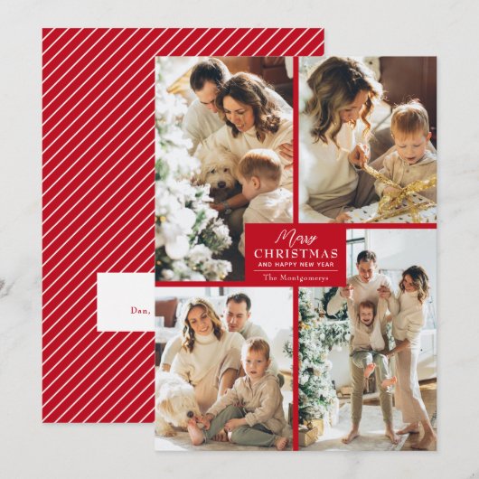 おしゃれな4枚フォトコラージュのクリスマスカード 赤 シーズンカード (正面/裏面)