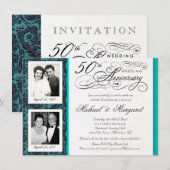 おしゃれな50周年記念招待状 - 青いダマスク 招待状 (正面/裏面)