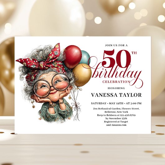 おしゃれな50歳の誕生日パーティーの女性向けの楽しい招待状 招待状