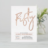 おしゃれな50歳の誕生日パーティー ローズゴールド モダン 箔招待状 (立ち正面)