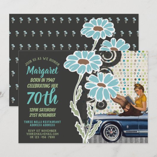 おしゃれな70歳の誕生日招待状 ヴィンテージ1940年代の女性 招待状 (正面/裏面)