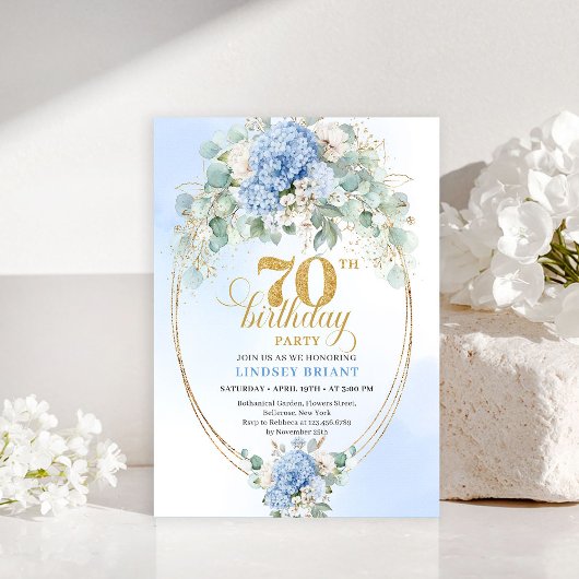 おしゃれな70歳の誕生日 パステルブルーの花の招待状 招待状