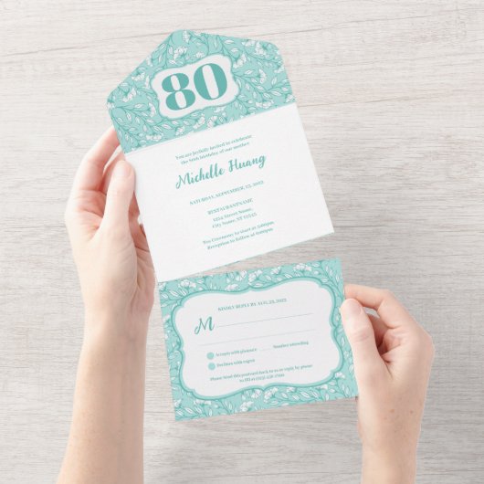おしゃれな80歳の誕生日招待状 オールインワン招待状 (貼ってはがせる)