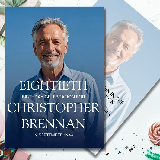 おしゃれな80歳の誕生日男性写真お祝い 招待状