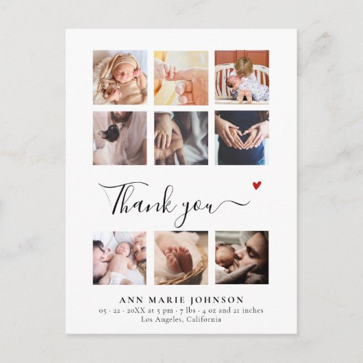 おしゃれな9枚の写真コラージュ 現代のベビーシャワー感謝メッセージ ポストカード (正面)
