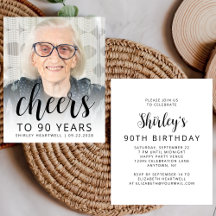 おしゃれな90歳の誕生日写真招待状 ブラックスクリプト