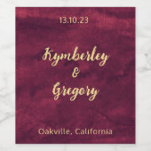 おしゃれな エレガント ダークバーガンディ ウォーターカラー ゴールドアクセント ワインラベル (シングルラベル)