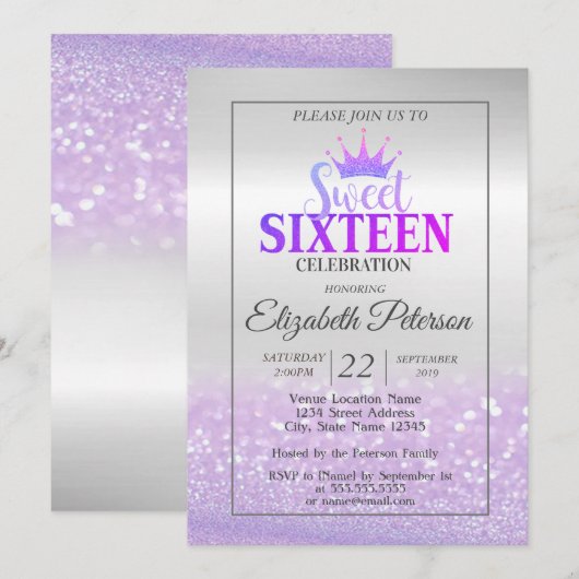 おしゃれな グリッター ボケ オンブレ、ティアラ、スイート16パーティー 招待状 (正面/裏面)