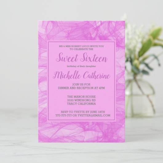 おしゃれな フリル ピンク スイート16 招待状 (スタンド正面)