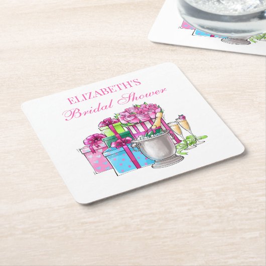 おしゃれな ブライダルシャワーのギフト Champagne Roses スクエアペーパーコースター (アングル)