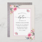 おしゃれな ブラッシュ ピンク 水彩 花 洗礼 招待状 (正面/裏面)
