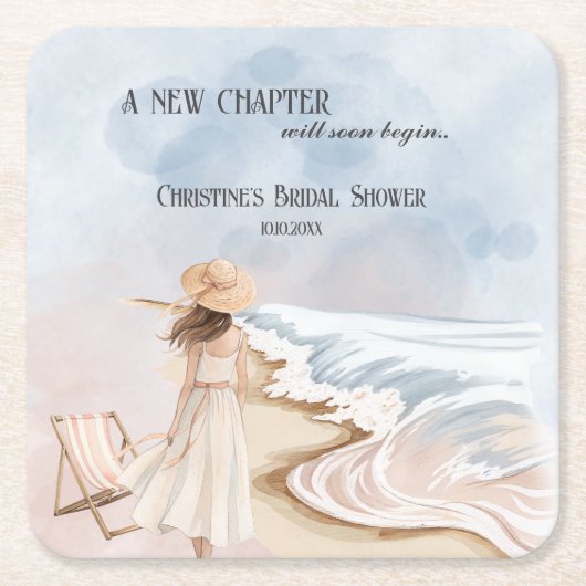 おしゃれな「新しい章」ビーチとウェーブのブライズシャワー スクエアペーパーコースター (正面)
