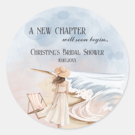 おしゃれな「新しい章」ビーチとウェーブのブライズシャワー ラウンドシール (正面)