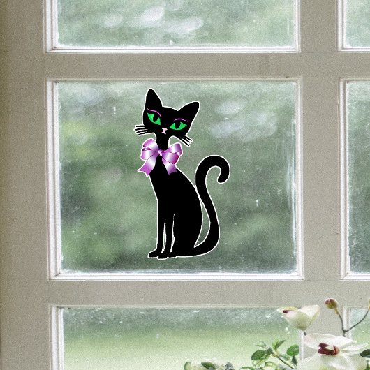 おしゃれな 黒猫 緑の目 ピンクのリボン ウィンドウサイン