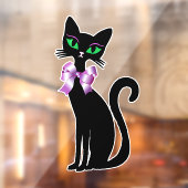 おしゃれな 黒猫 緑の目 ピンクのリボン ウィンドウサイン (シート2)