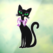 おしゃれな 黒猫 緑の目 ピンクのリボン ウィンドウサイン (シート3)