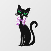 おしゃれな 黒猫 緑の目 ピンクのリボン ウィンドウサイン (シート)