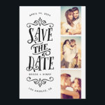 おしゃれなMod 3-写真のSave The Date | ブラック セーブザデート<br><div class="desc">この大胆なタイポグラフィーが特徴の3枚の写真が載ったSave The Dateカードで、あなたの記念日をスタイリッシュに発表しましょう。裏面にはストライプ柄と追加の写真とテキストがあります。</div>