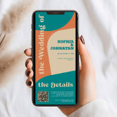 おしゃれなQRコードとレトロな色彩が融合したモダンなオールインワン結婚式 招待状